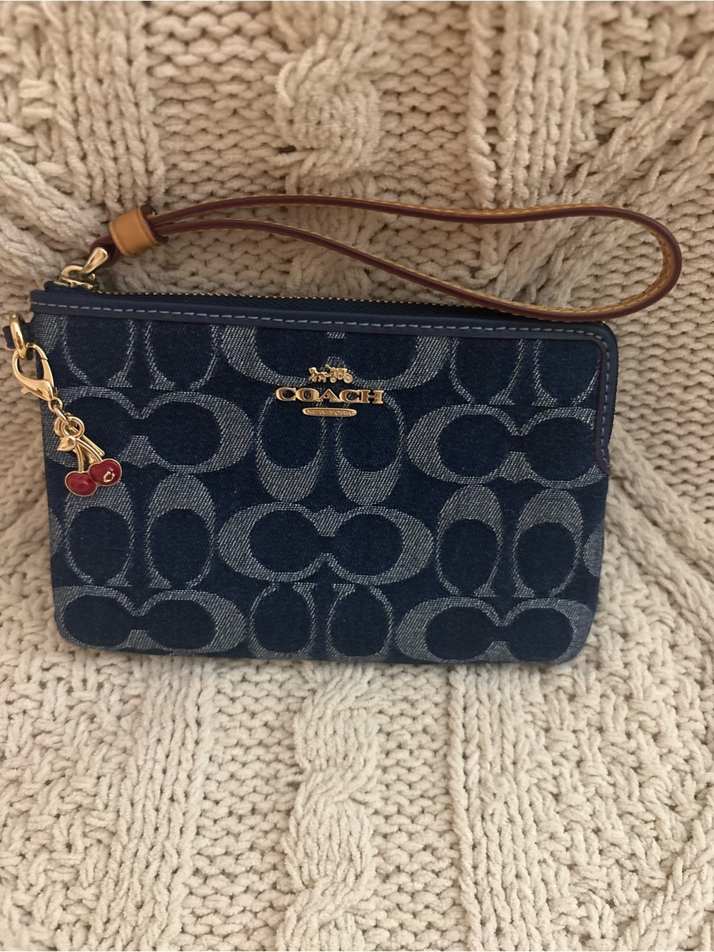Coach Denim Signature Wristlet in Navy with Tan Strap and Red Charm